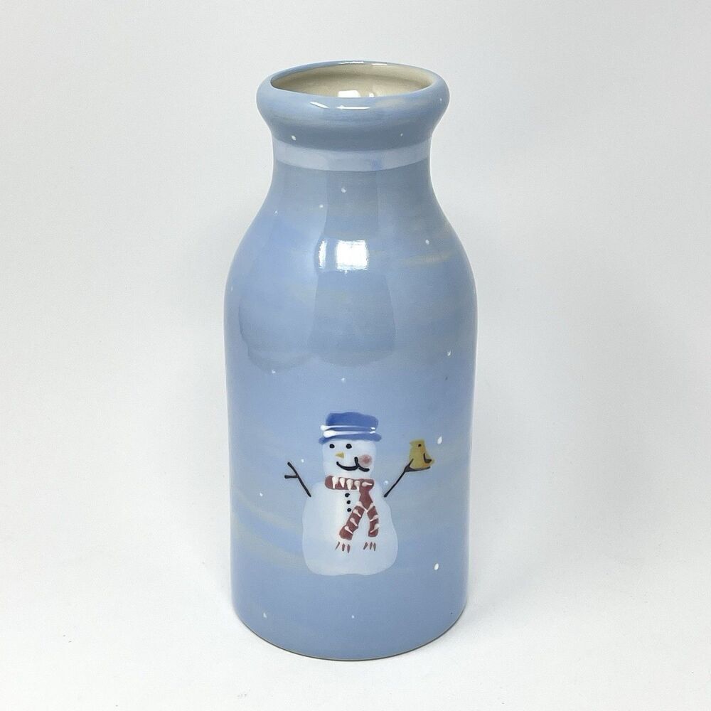 Hartstone Snow People Milk Bottle Decanter Vase Winter Christmas Snowman Blue 9”